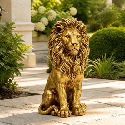 Gold Finish Seated Lion Garden Statue
