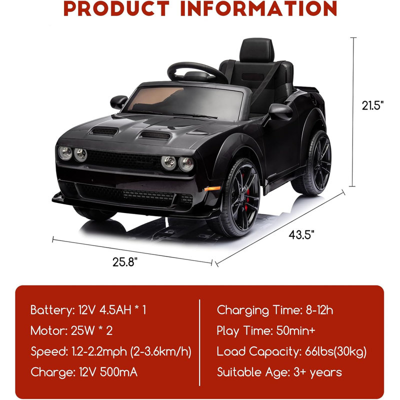 Voiture sous-marine 12 V pour enfants Dodge, véhicules électriques avec télécommande, lumières DEL, audio sans fil et MP3