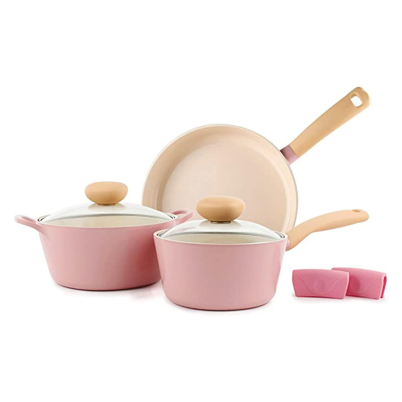 Pink Nonstick Aluminum 5-Piece Cookware Set with Glass Lids