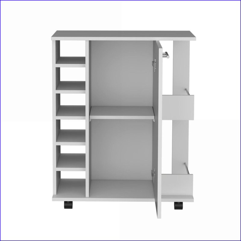 Chariot-bar blanc neige moderne avec rangement, roulettes verrouillables, 6 supports à bouteilles | Bois d'ingénierie | Contemporain