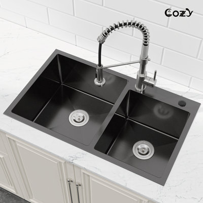 32" L Overmount Double Bowl Stainless Steel Kitchen Sink Handmade Sink
