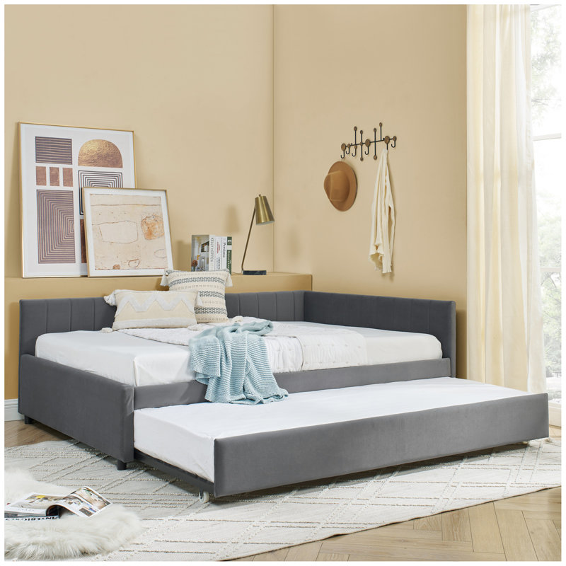Lit de jour double avec couchette rembourrée capitonnée, structure de canapé-lit avec dossier et accoudoirs confortables, velours (79,5 po x 58 po x 25 po)