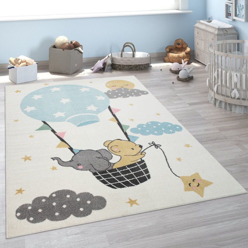 Lamanna Kids Elephant, Bear, Balon, Moon Power Loom Cream/Black/Blue Rug, Rectangle 80 x 150cm