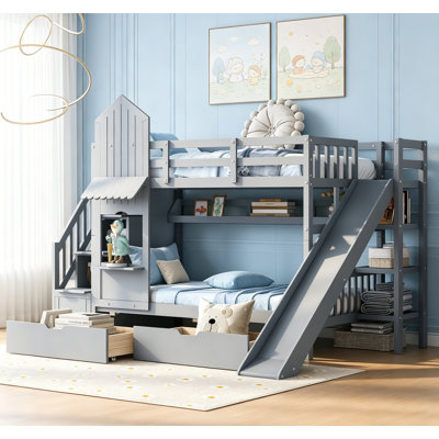 Lit superposé simple de style château simple avec tiroirs, tablettes et glissoire pour chambre d'enfant - gris