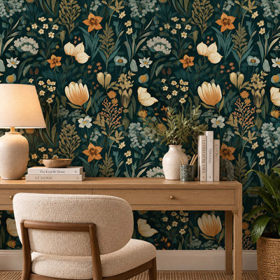 Papier peint floral rétro, motif botanique bohème, multicolore foncé