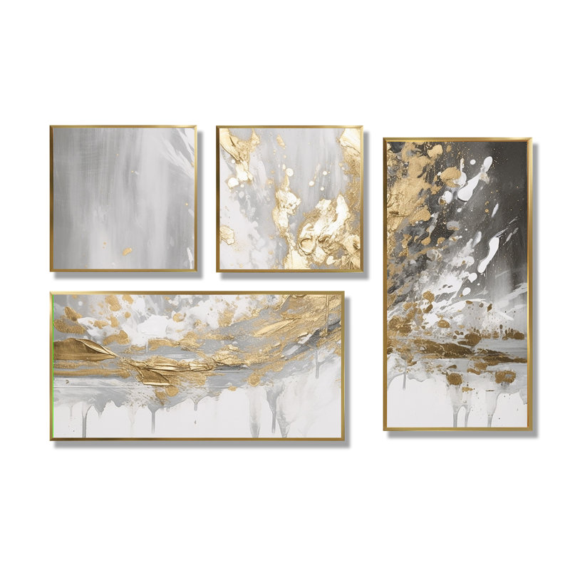 «White Collusion Abstract», reproduction d'art moderne sur toile 4 pièces, Impression encadrée sans passe-partout, Doré