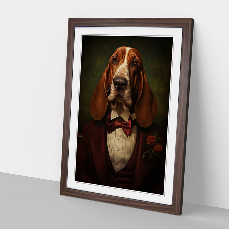 Basset Hound Dadaism - Single Picture Frame Print on Wood, Walnut Framed, 34cm H x 25cm W x 2cm D