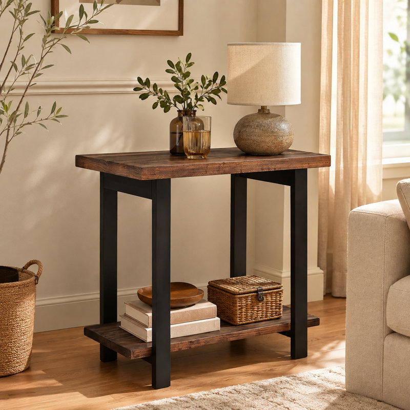 Table d'appoint de style campagnard à double plateau, avec un plateau en pin vieilli et des pieds en bois d'hévéa, convenant comme table d'appoint pour un canapé ou une table de chevet, adaptable à différents espaces.