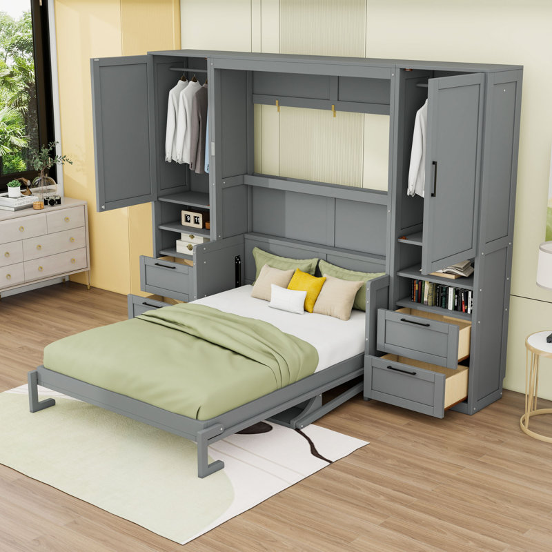 Grand lit escamotable en bois avec tiroirs de rangement intégrés, garde-robe et tablettes, gris