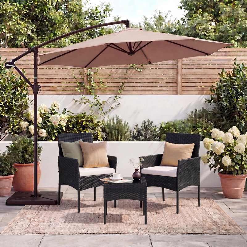 3 Piece Wicker Patio Conversation Set With Cantilever Umbrella, Black, Carbon Gray