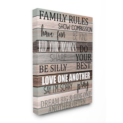«Family Rules Text Fun Wood Grain Rustic Tan Teal» par Kim Allen - impression d'art texturé