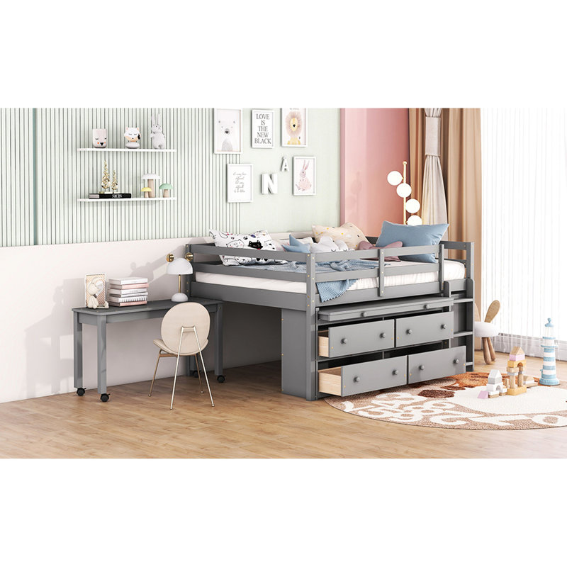 Lit mezzanine en bois massif avec bureau gris, Gris, Lit double