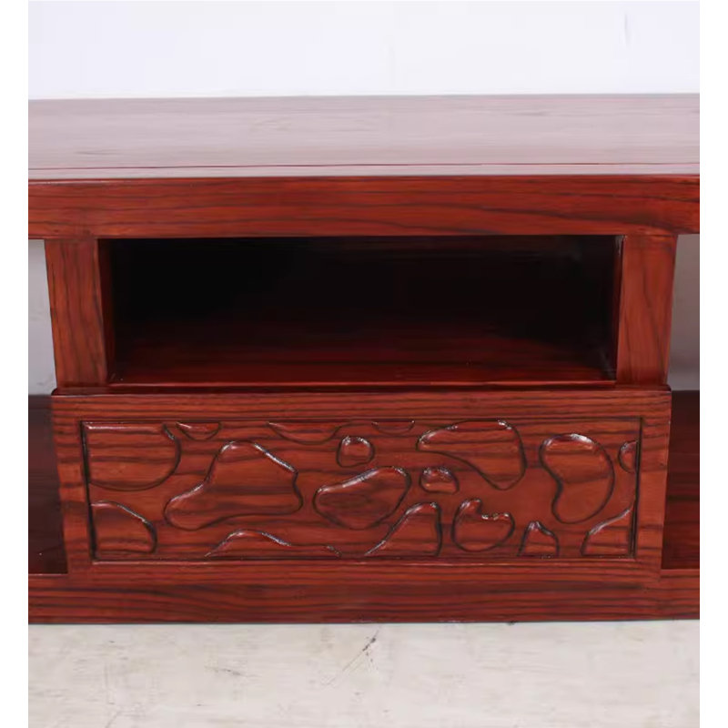 Nouveau meuble télé en bois massif sculpté à la main avec tablettes ouvertes et tiroirs de rangement