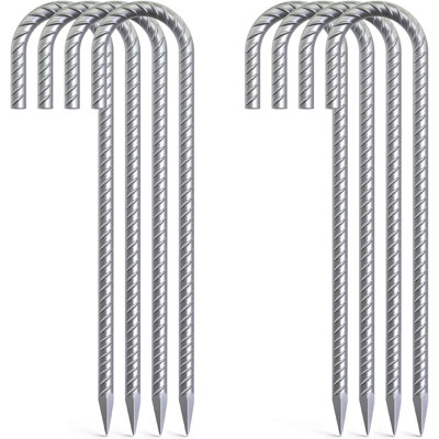 Nail Galvanized Rebar Stakes, 12 inch Heavy Duty Ground Stakes J Hooks for Camping Tent and Canopy Tent Stakes, 12 Pack, Silver (Set of 8)