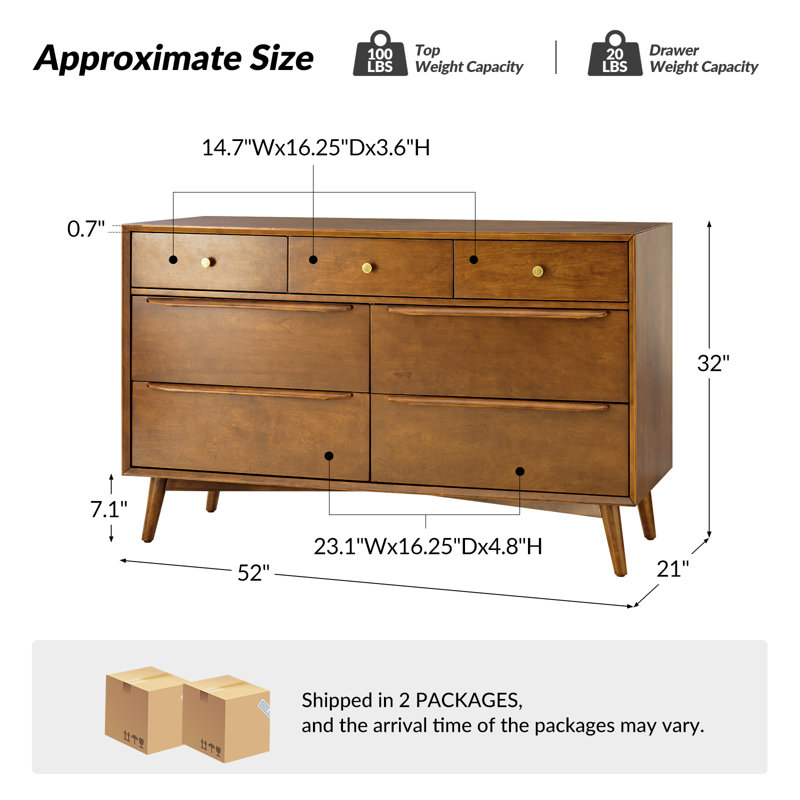 Aviannah Clegg 52'' W Mid-Century 7 - Drawer Dresser with Solid Wood Legs and Built-in Drawer Dividers, Acorn
