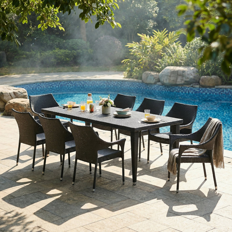 Ensemble de salle à manger 9 pièces en osier pour l'extérieur, grande table moderne en rotin de 73,50 po et 8 chaises pour patio, terrasse, cour, gris