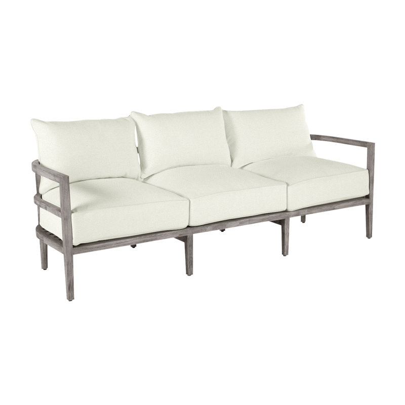 Santa Barbara 87" Wide Outdoor Teak Patio Sofa with Cushions, No Welt, Herringbone Sand, Natural Teak