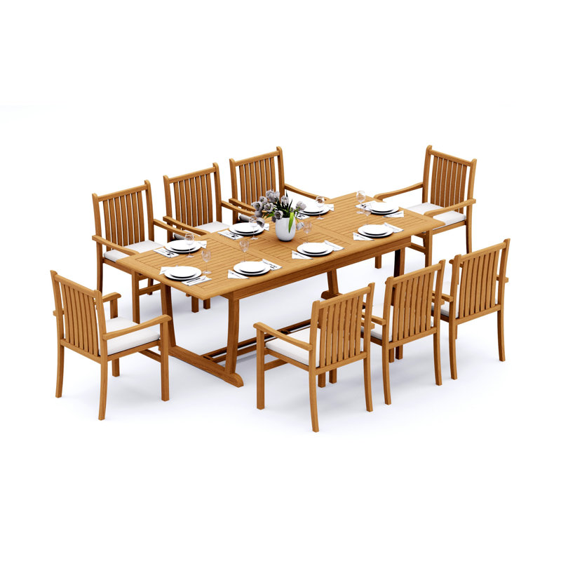 Ensemble de salle à manger en bois de teck Grade-A: table à double tréteaux avec pieds à tréteaux et chaises empilables Angarano # 11CH2110