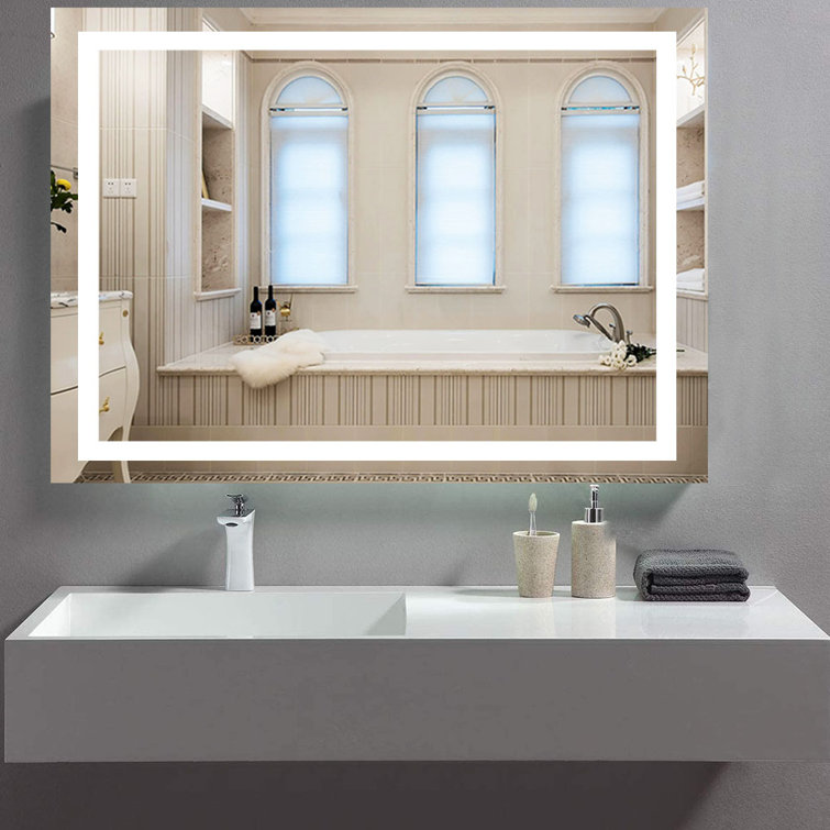 Aolaith Wall Mounted Rectangular Frameless Anti Fog LED Light Bathroom Mirror,Dimmable Vanity Mirror Wrought Studio Size: 36 H x 28 W