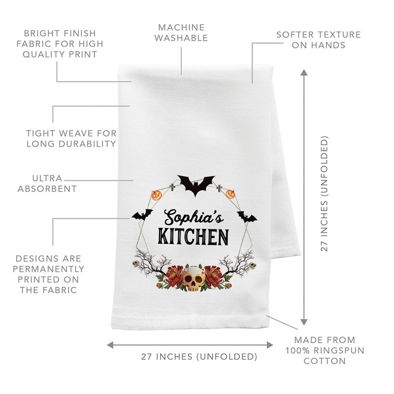 Serviette de cuisine d'Halloween personnalisée, cuisine avec crâne et roses, nom personnalisé, Oui