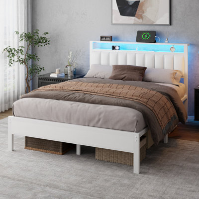 Upholstered Headboard with LED Lights, Charging Station, Sturdy Metal Slat Support, No Box Spring Needed