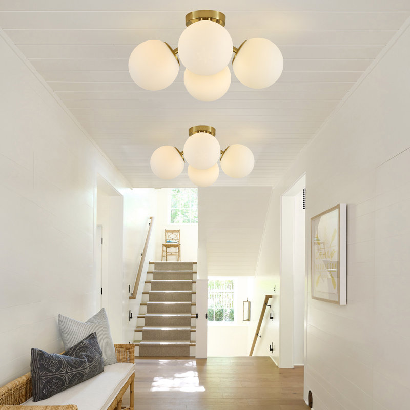 4-light Modern Glass Globe Semi Flush Mount Bubble Opal Shade, Brass, 4