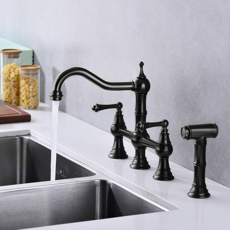 Robinet de cuisine de style pont avec deux poignées en noir mat et douchette rétractable, bec haut rotatif à 360 °, rouille, fuite de laiton produit deux degrés, évacuation de la rouille, fuite, rouille