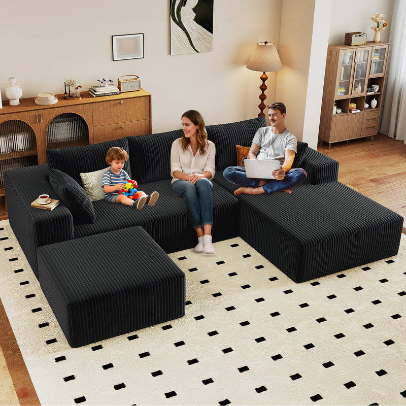 Canapé modulaire Boneless 96 po Cloud Couch, Orienté à droite, Velours côtelé noir