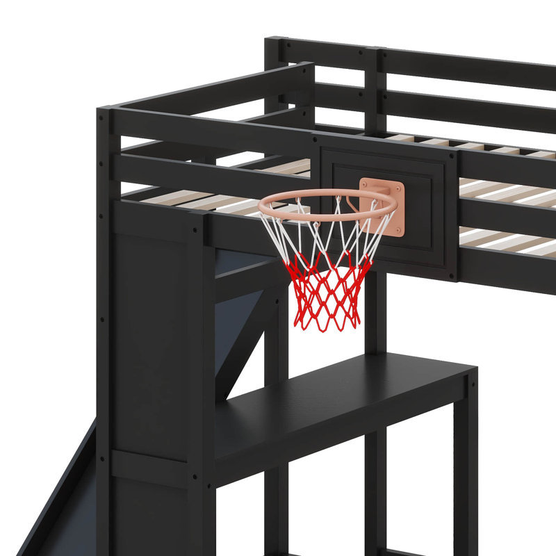Lit mezzanine double en bois avec bureau intégré, panier de basketball et glissade, Noir