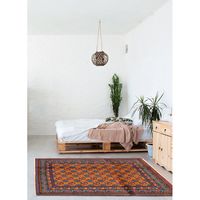 Tapis orange en laine noué à la main de conception unique 4 pi 0 po x 5 pi 8 po Kargahi