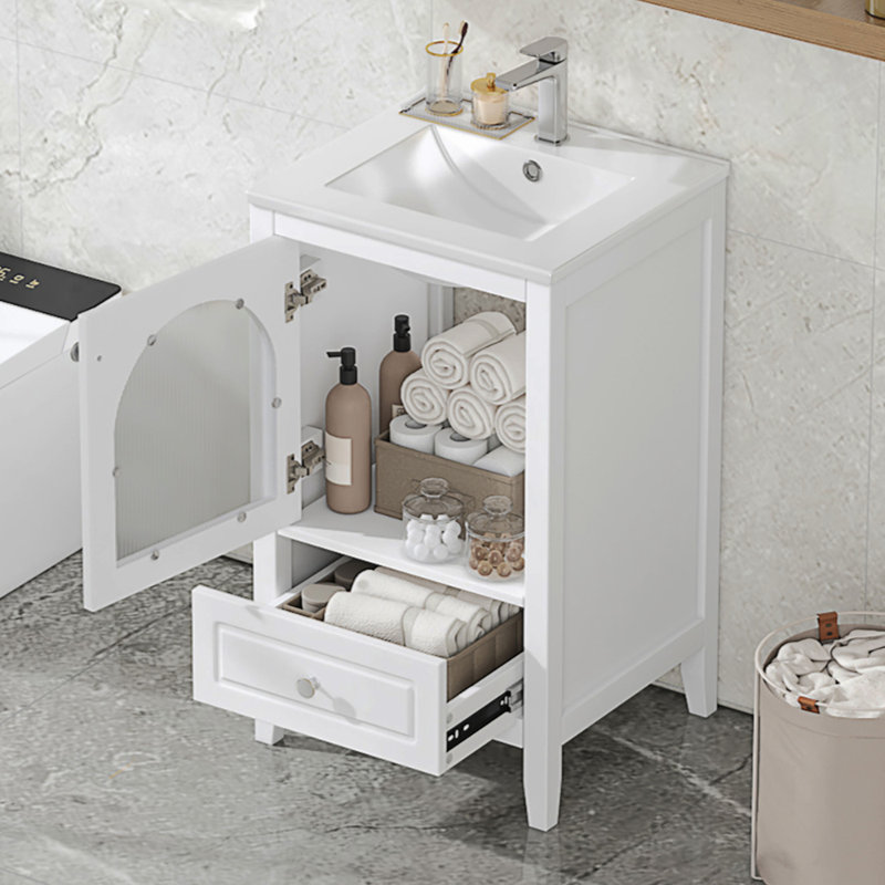 Meuble-lavabo de salle de bain avec lavabo, armoire de salle de bain avec porte en verre à fermeture douce, un tiroir,, Blanc