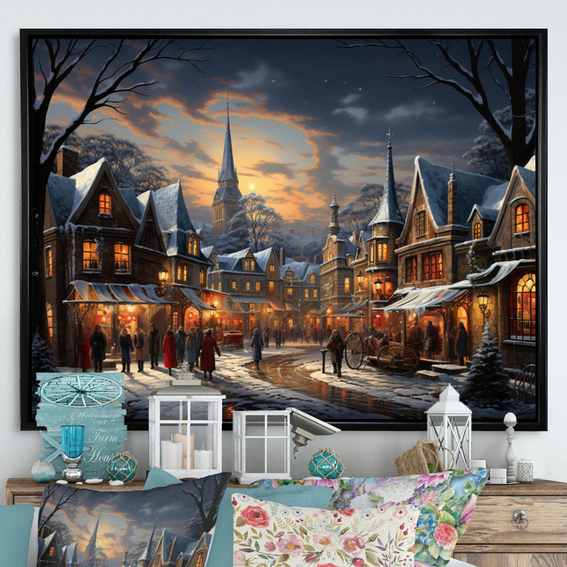 «Winter Village Carnival III», impression d'art mural, H 16 po x l 32 po x P 1 po, Cadre flottant noir