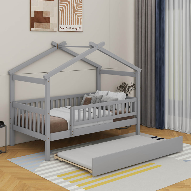 Lit simple en bois avec lit gigogne, Gris, Lit simple