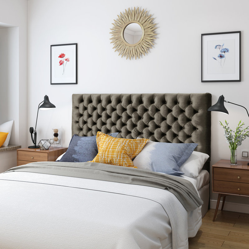 Tête de lit réglable en velours gris pour une chambre à coucher confortable avec une silhouette rectangulaire élégante, Gris