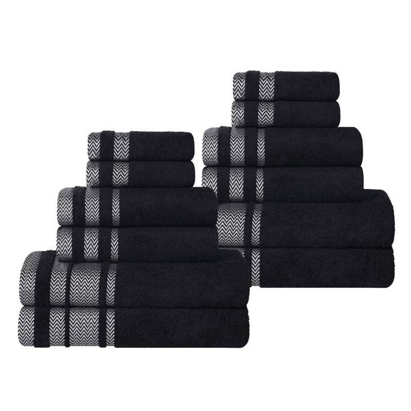 Ensemble de 12 serviettes de bain en coton dobby à bordure en peluche douce et absorbante, poids moyen, Black