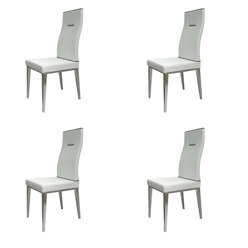 Set of Four White and Silver Upholstered Faux Leather Dining Side Chairs