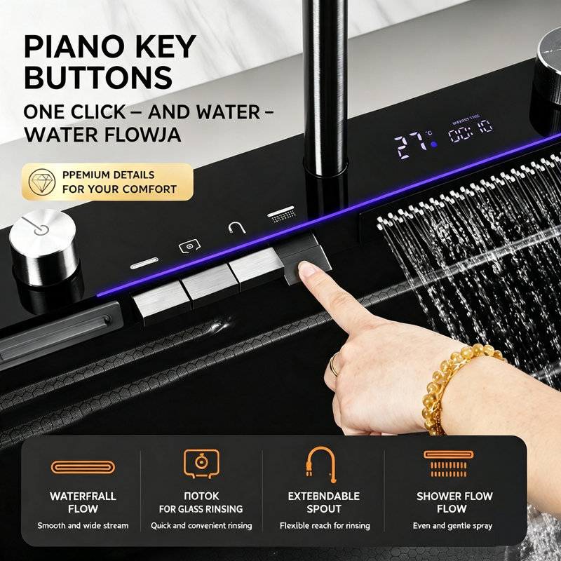 29.5-Inch Stainless Steel Smart Workstation Kitchen Sink Complete Kit with Kitchen Sink Accessories, Digital Display, Water-Powered Piano Key Control, Energy-Efficient Multi-Mode Pull-Out Faucet, Honeycomb Coating, Cup Washer, Garbage Disposal Compatible