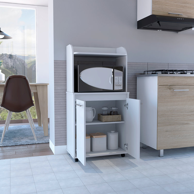 Kart de cuisine, armoire à deux portes, une tablette ouverte, deux tablettes intérieures