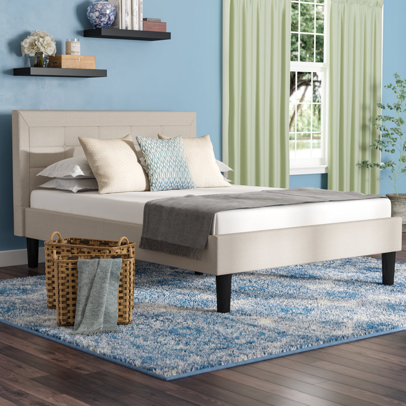 Mueller Upholstered Metal Platform Bed, Beige, Queen