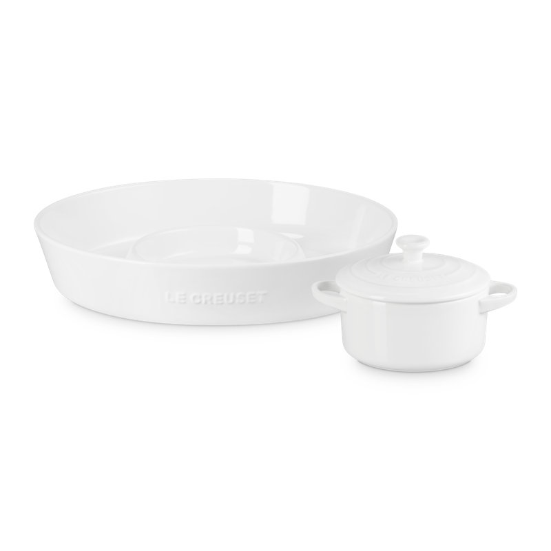 Le Creuset Set Of 2 Chip & Dip 24Oz Mini Cocotte Bleu Riviera, White