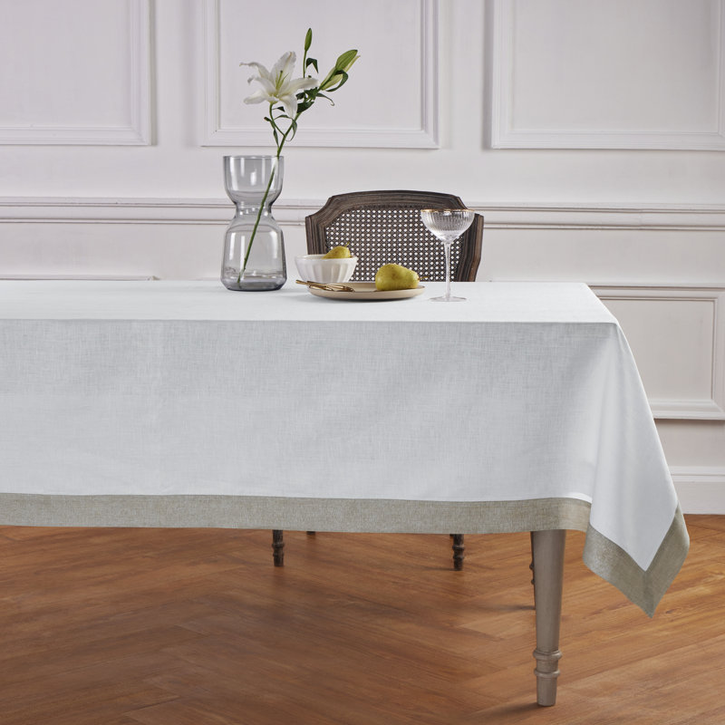 Festive Edge Tablecloth, White/Natural Shimmer Border, 90" x 60"