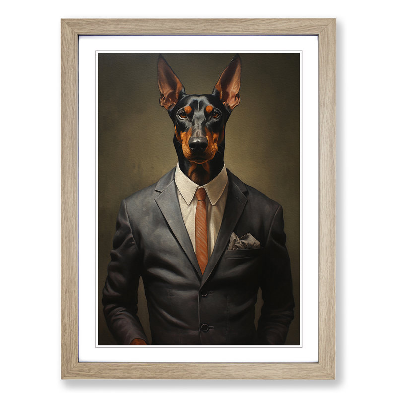 Doberman In A Suit - Single Picture Frame Print on Wood, Oak Framed, 34cm H x 25cm W
