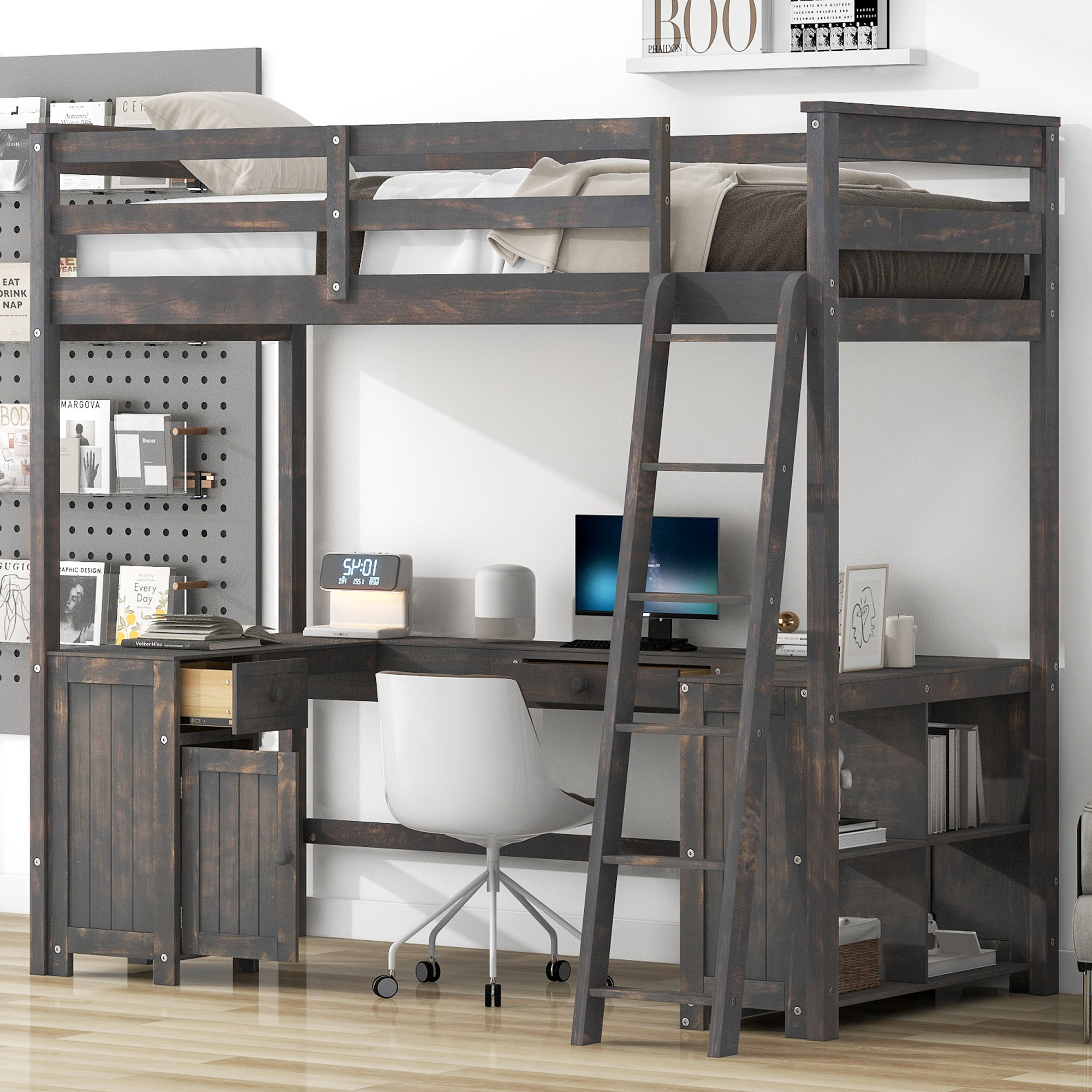 Redwood Rover Loft Bed with U-Shaped Desk, Open Shelves and Compact ...