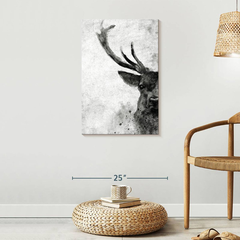 Visage de cerf noir et blanc sur toile, H 30 po x l 20 po x P 1,25 po