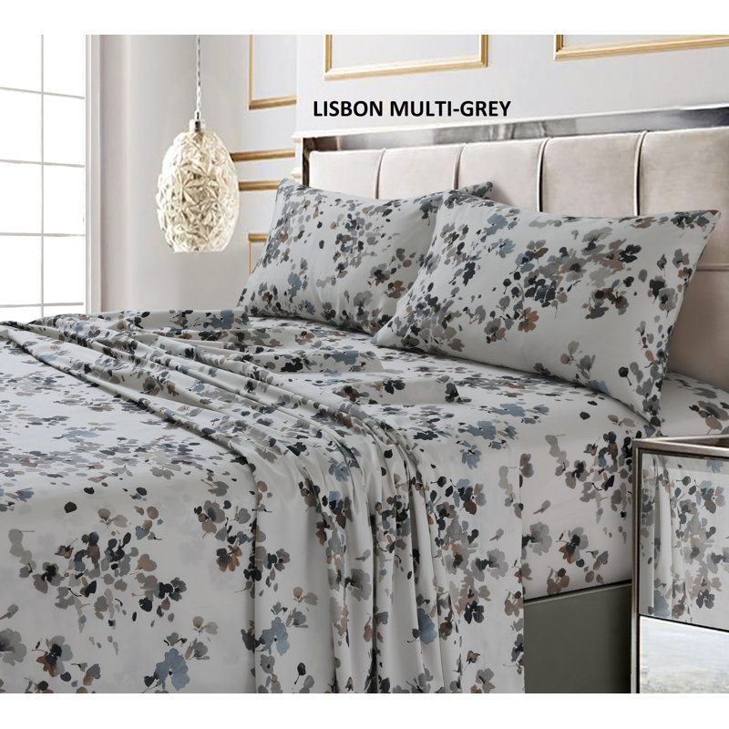 Tribeca Living Printed 300 Thread Count Sheets 100% Cotton Floral Sheet Set, Gray
