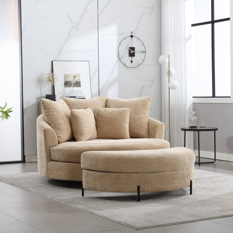 Slipcovered Barrel Chair With Ottoman, Wheat Chenille