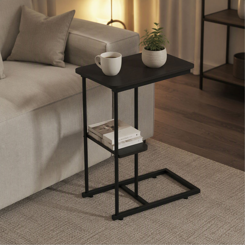 Table d'appoint avec panier de rangement et support pour ordinateur portable – aspect bois – gris, Gris / noir