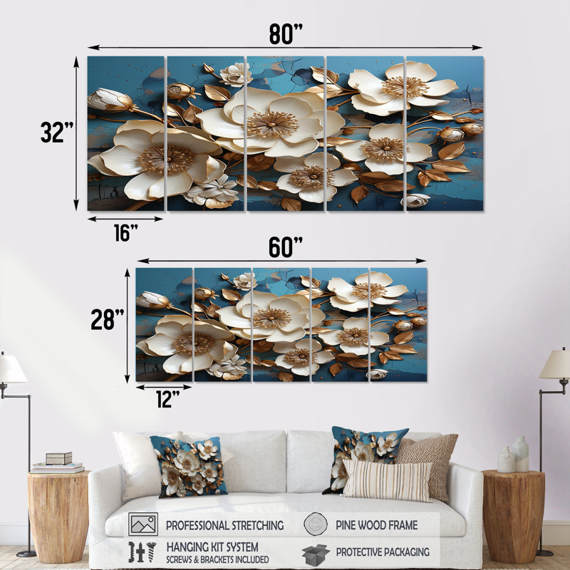 Orchidée blanche dorée et bleue, arbre II - ensemble de 5 décorations murales florales abstraites, H 28 po x l 60 po