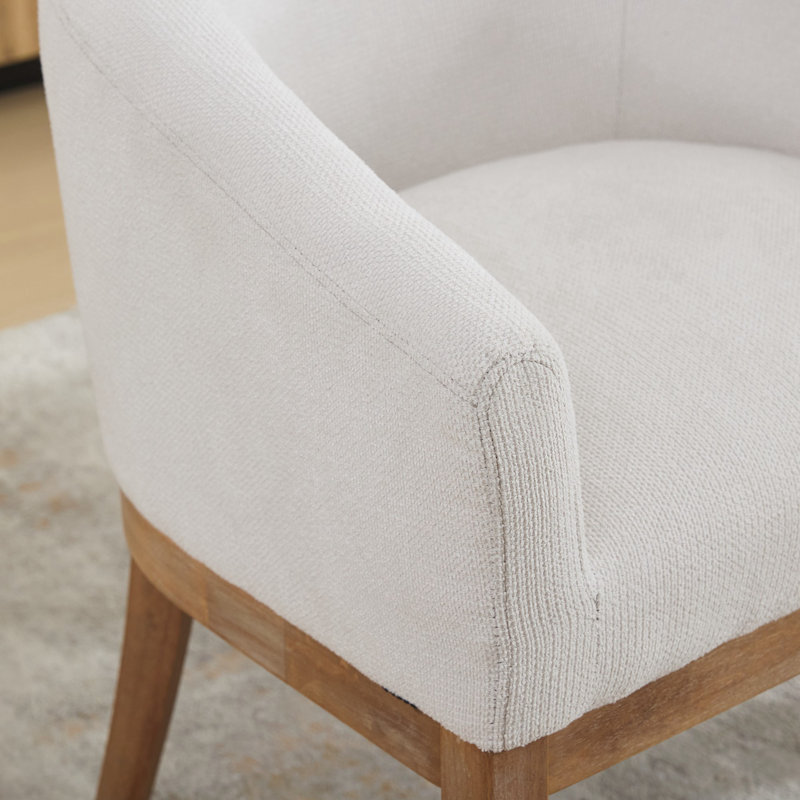 Mid-Century Modern Upholstered Barrel Armchair – Farmhouse Linen Dining Chair with Solid Hardwood Frame, 19”W, Anti-Scratch Legs, Versatile for Kitchen, Office & Living Room – Easy Assembly