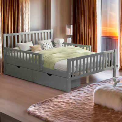Full Size Wood Platform Bed With Guardrails On Both Sides And Two Storage Drawers